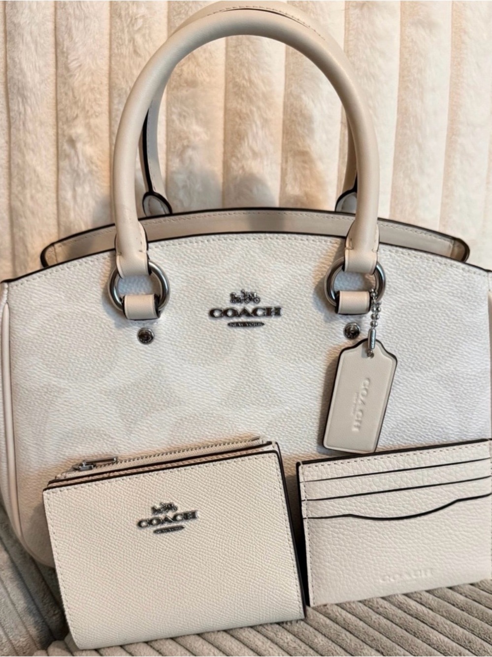 Coach Savannah Small Carryall CAL53 White Chalk 3PC Bag Wallet Card Case NWT